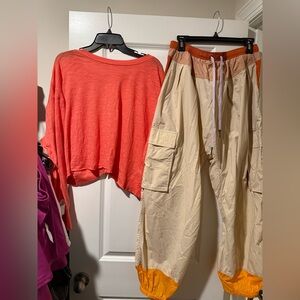 Free People Cream and Orange Cargo Joggers
